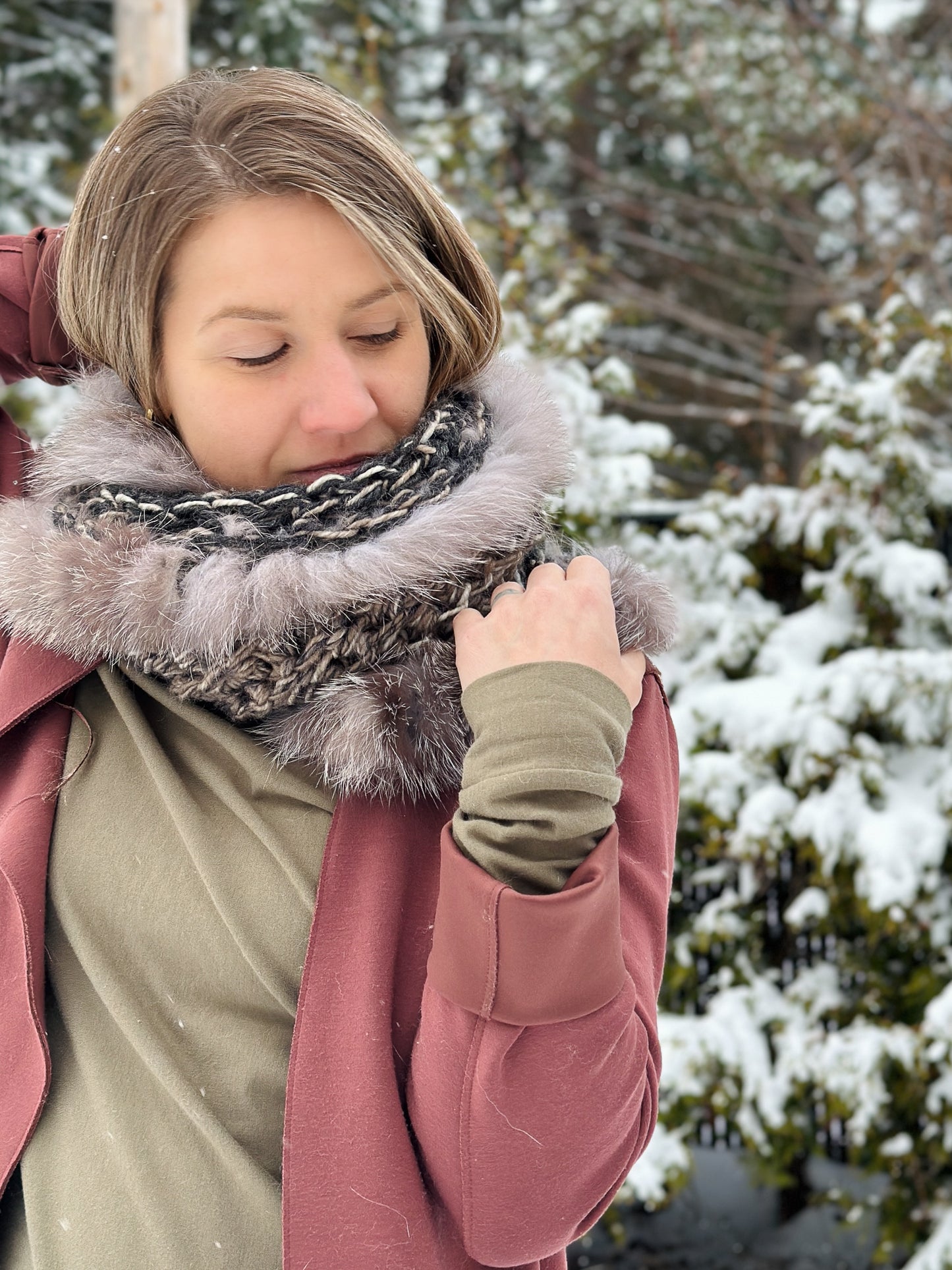 Foulard charcoal avec fourrure recyclée - Renard