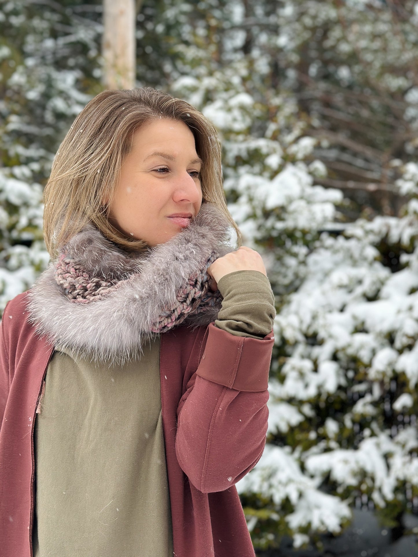Foulard rose avec fourrure recyclée - Renard