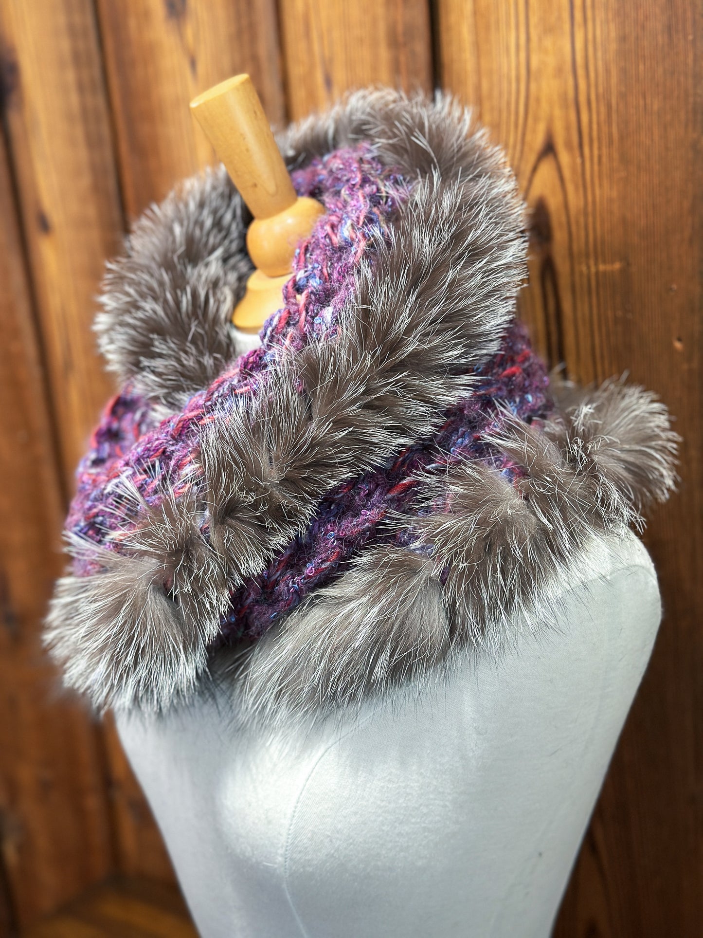 Foulard Mauve avec fourrure recyclée - Renard