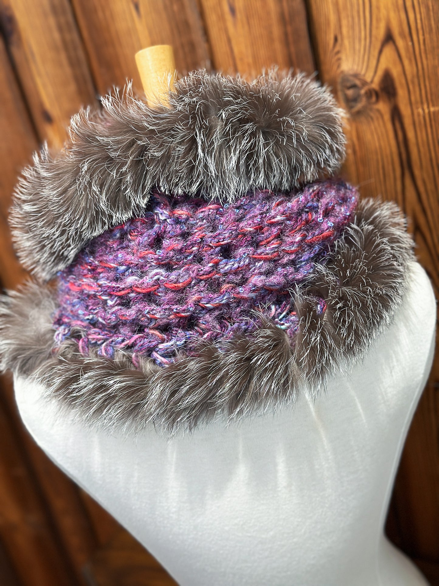 Foulard Mauve avec fourrure recyclée - Renard