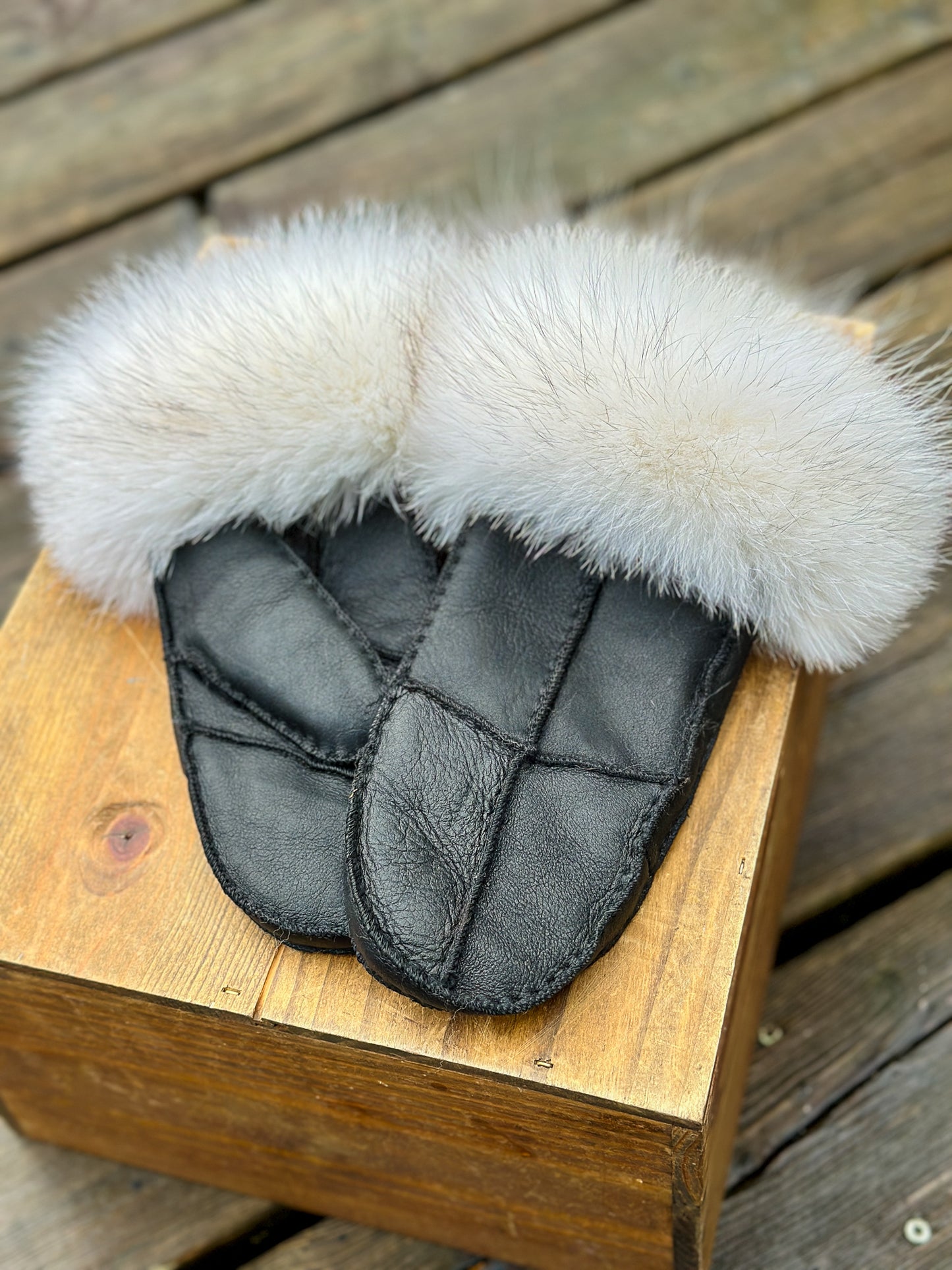 Mitaines en cuir avec fourrure recyclée, Renard