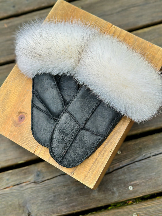 Mitaines en cuir avec fourrure recyclée, Renard
