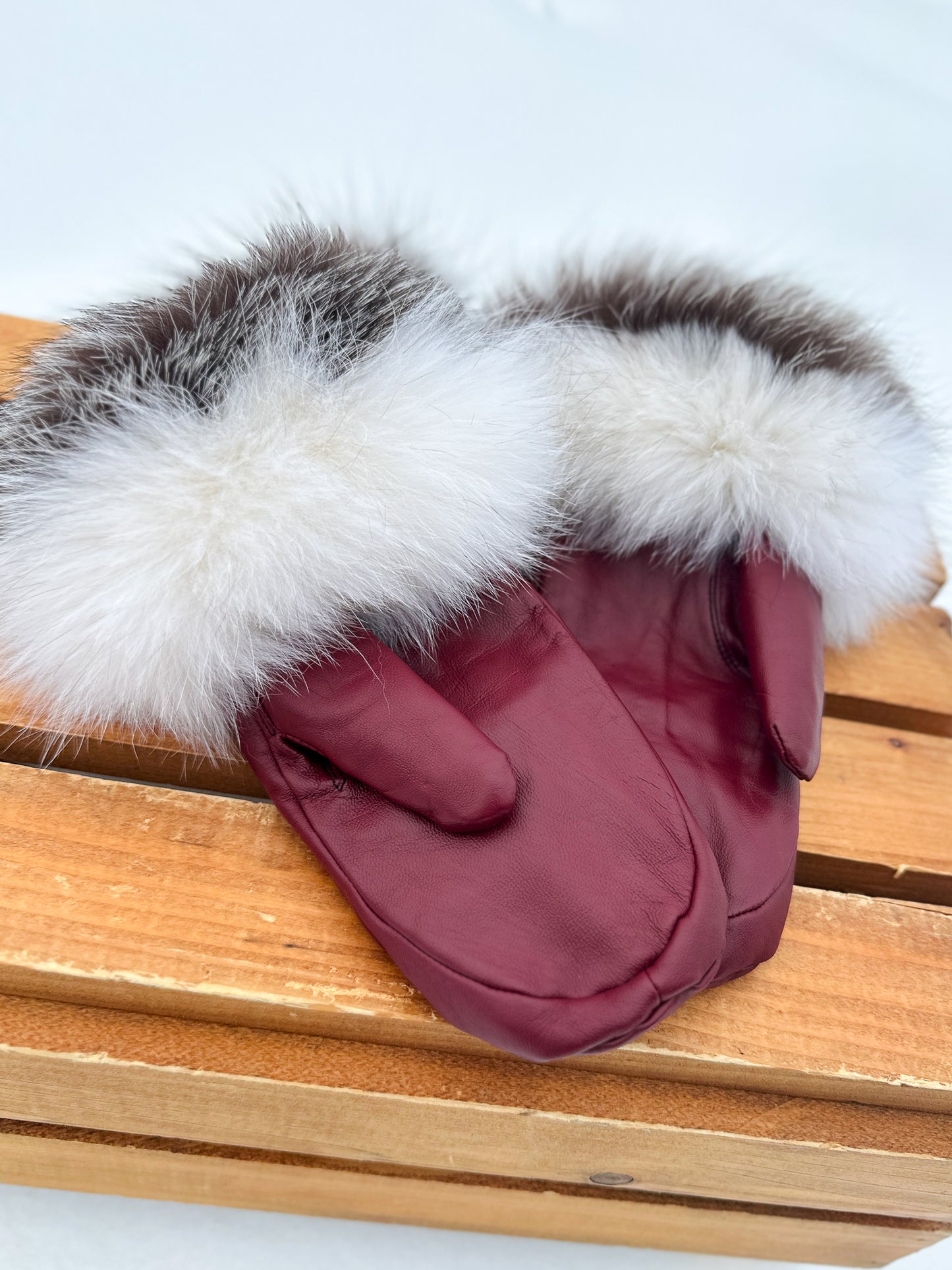 Mitaines cuir rouge avec poignet fourrure recyclée