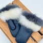Mitaines en cuir bleu avec fourrure recyclée