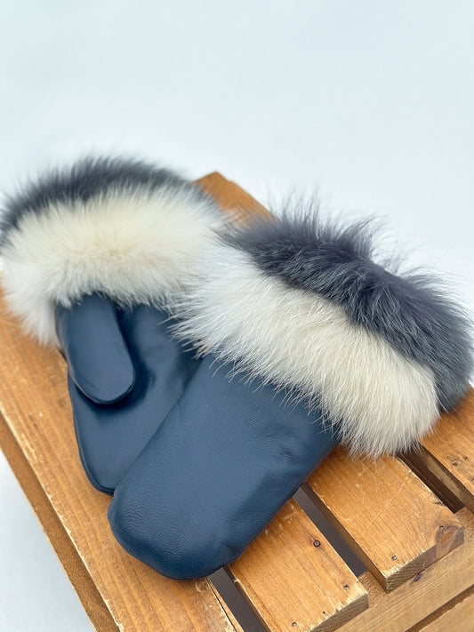 Mitaines en cuir bleu avec fourrure recyclée