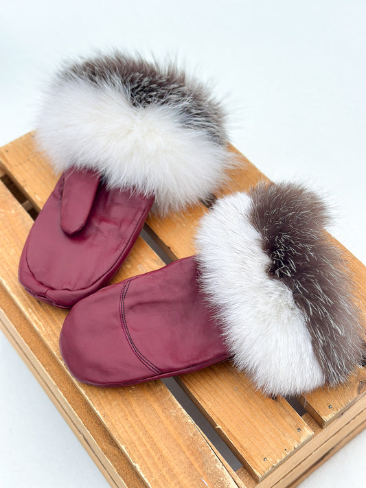 Mitaines cuir rouge avec poignet fourrure recyclée