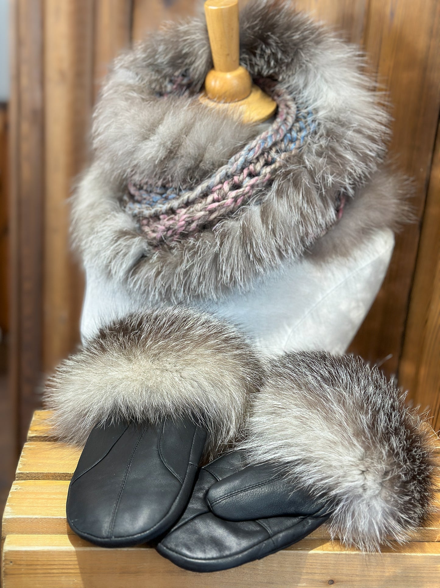 Foulard rose avec fourrure recyclée - Renard