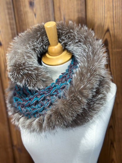 Foulard Turquoise avec fourrure recyclée - Renard
