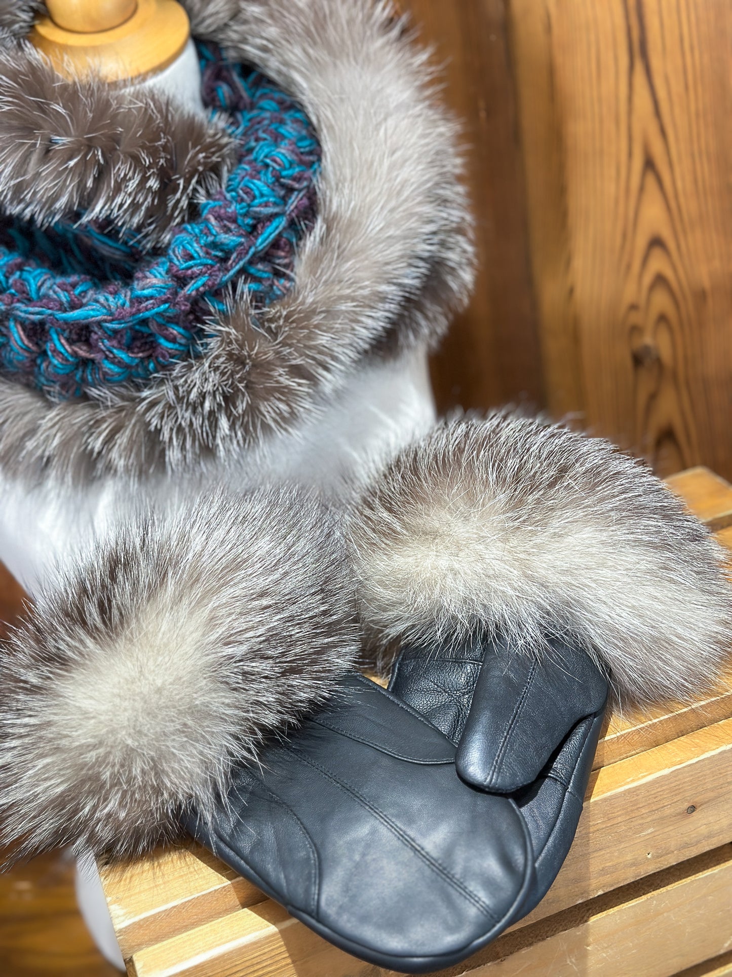 Foulard Turquoise avec fourrure recyclée - Renard