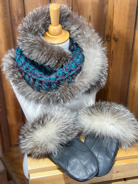 Foulard Turquoise avec fourrure recyclée - Renard