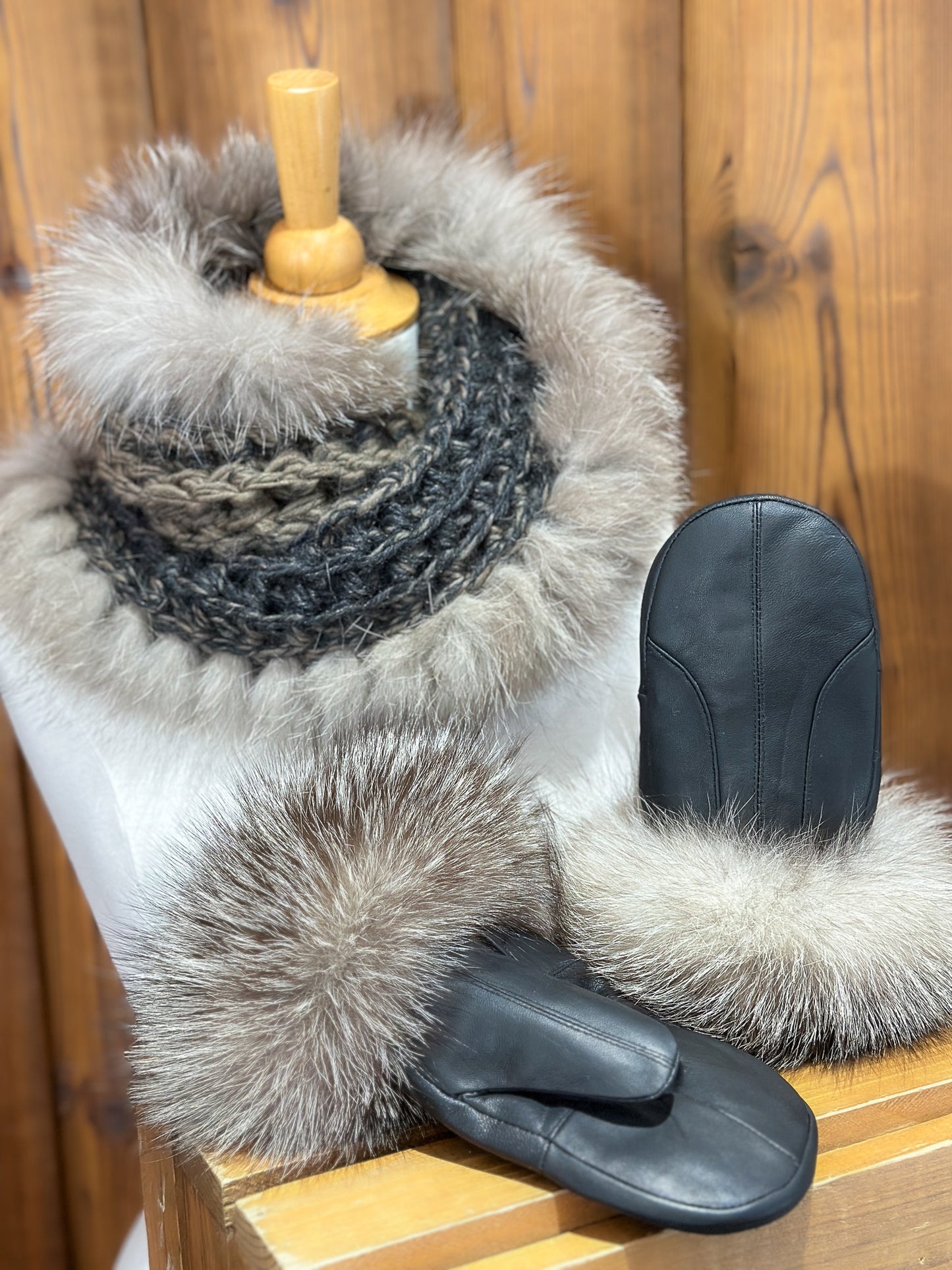 Foulard charcoal avec fourrure recyclée - Renard