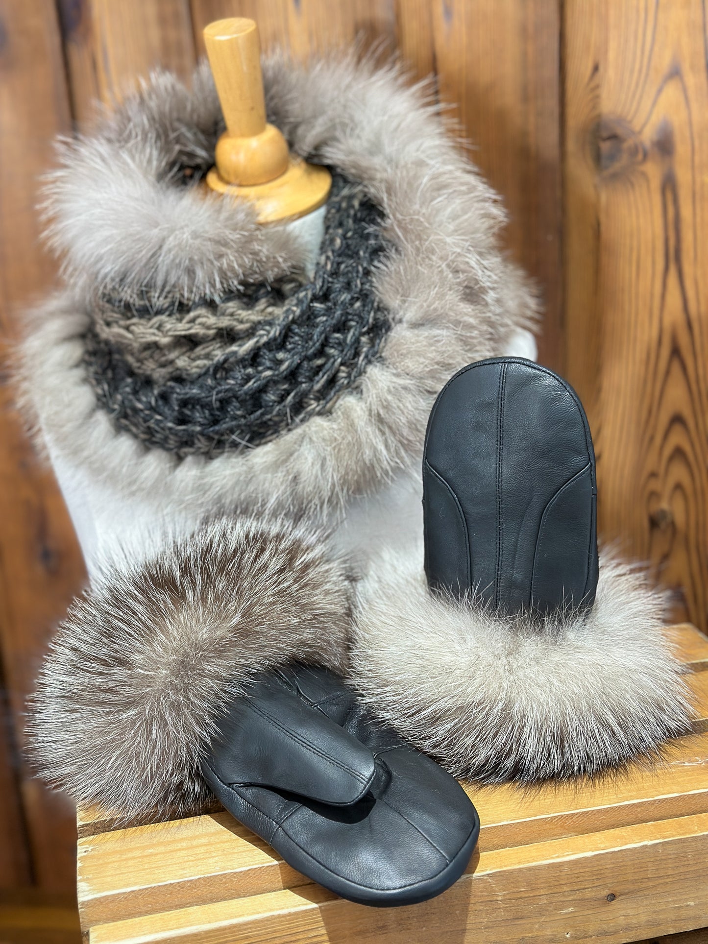 Foulard charcoal avec fourrure recyclée - Renard