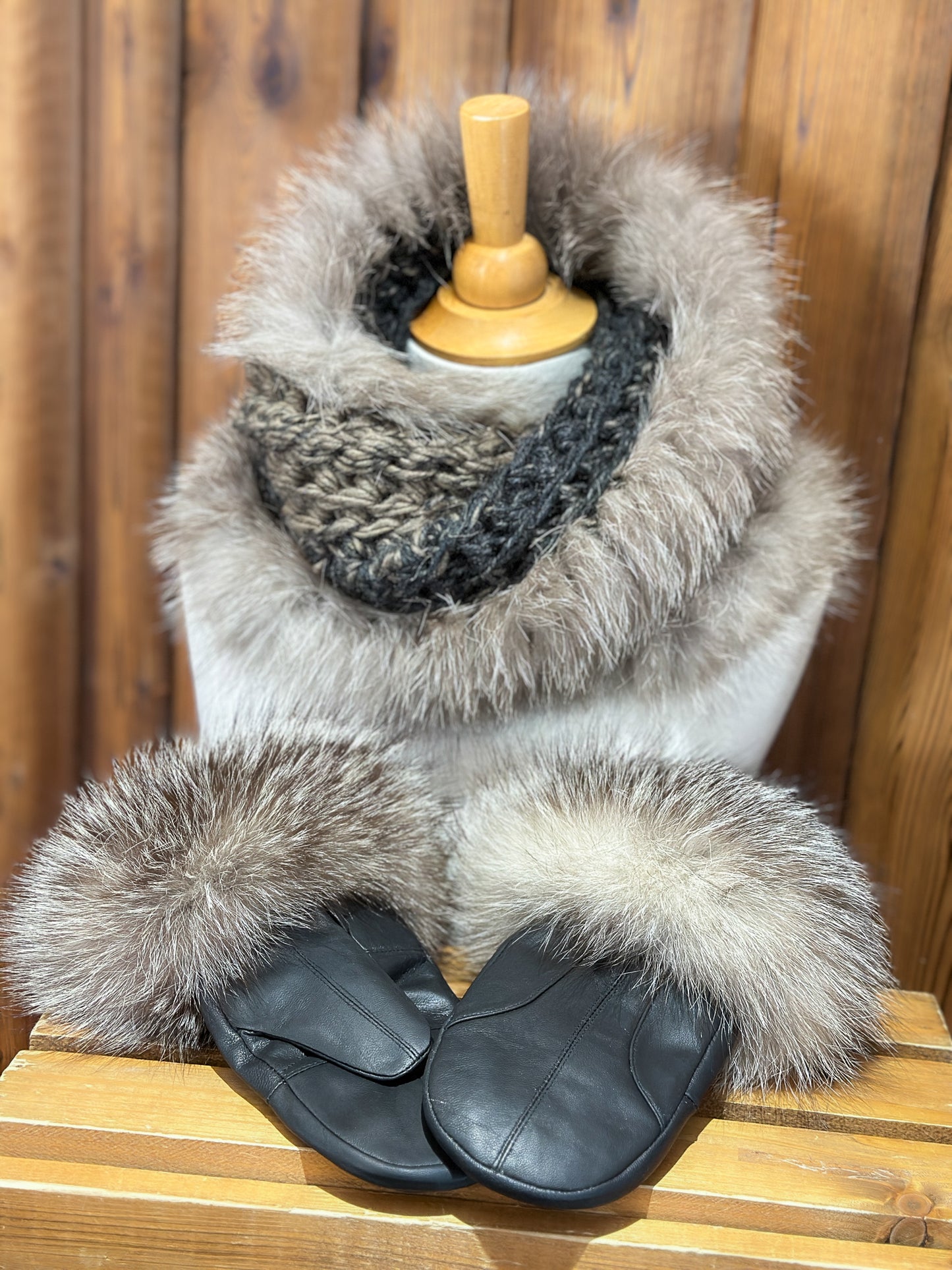 Foulard charcoal avec fourrure recyclée - Renard