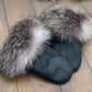 Mitaines en cuir noir avec fourrure recyclée- Renard