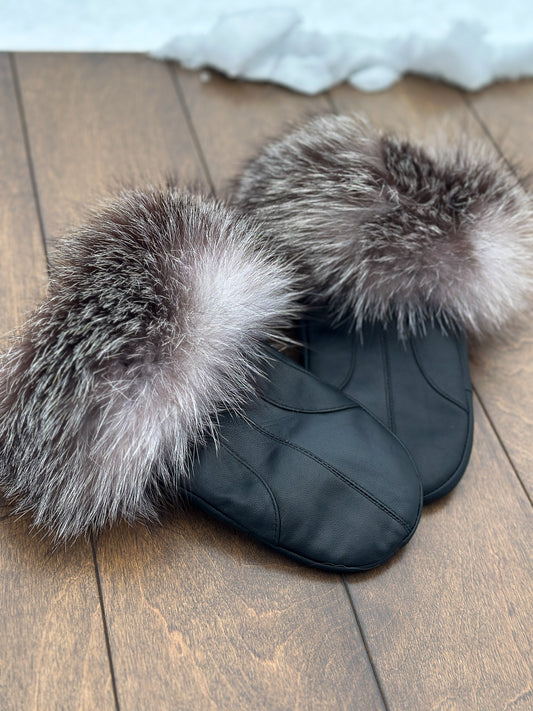 Mitaines en cuir noir avec fourrure recyclée- Renard