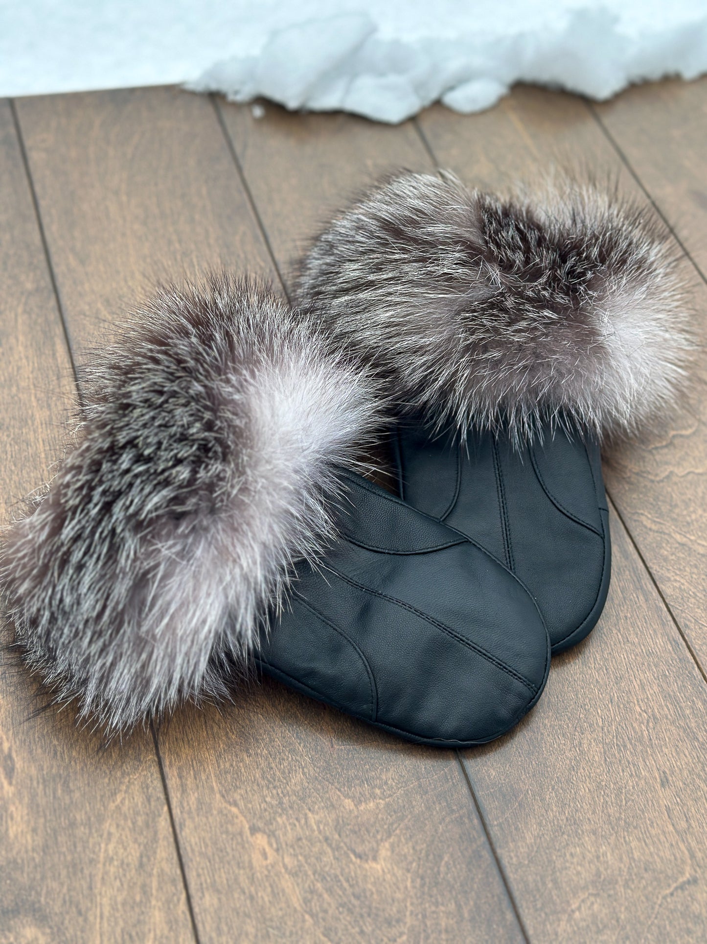 Mitaines en cuir noir avec fourrure recyclée- Renard