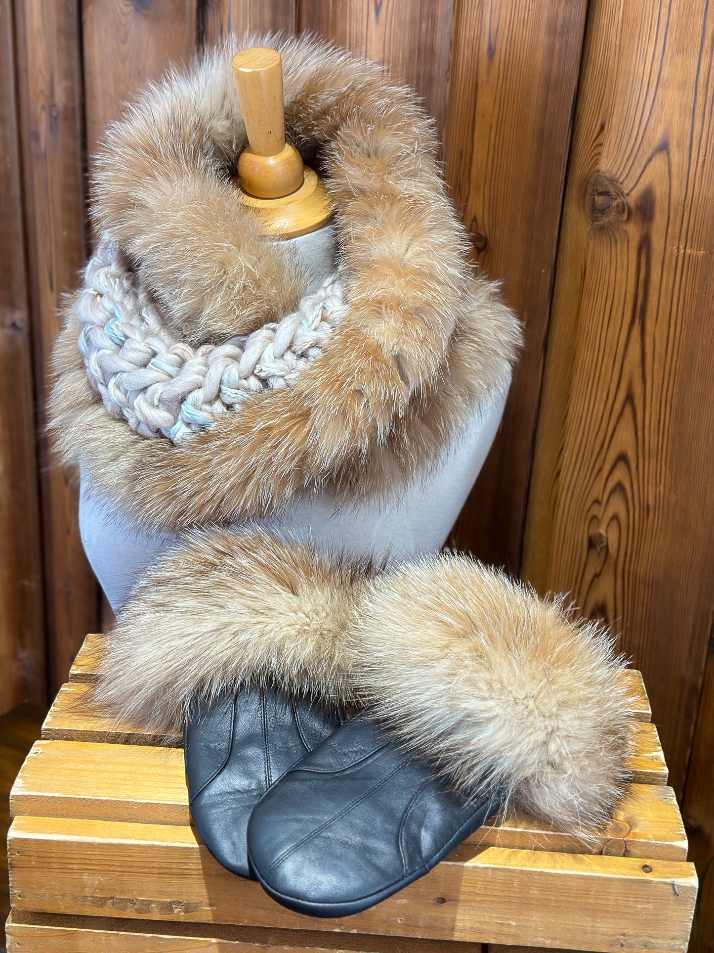 Foulard Mérinos avec fourrure recyclée - Renard