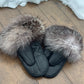 Mitaines en cuir noir avec fourrure recyclée- Renard