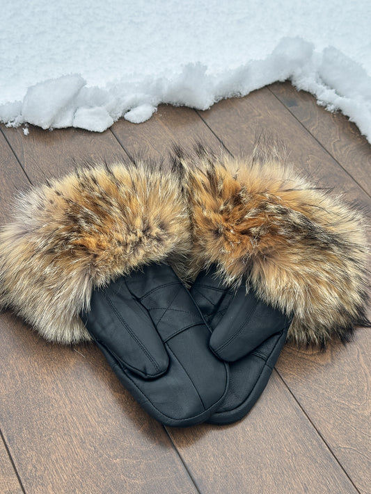 Mitaines en cuir noir avec fourrure recyclée- Coyote