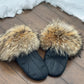 Mitaines en cuir noir avec fourrure recyclée- Coyote
