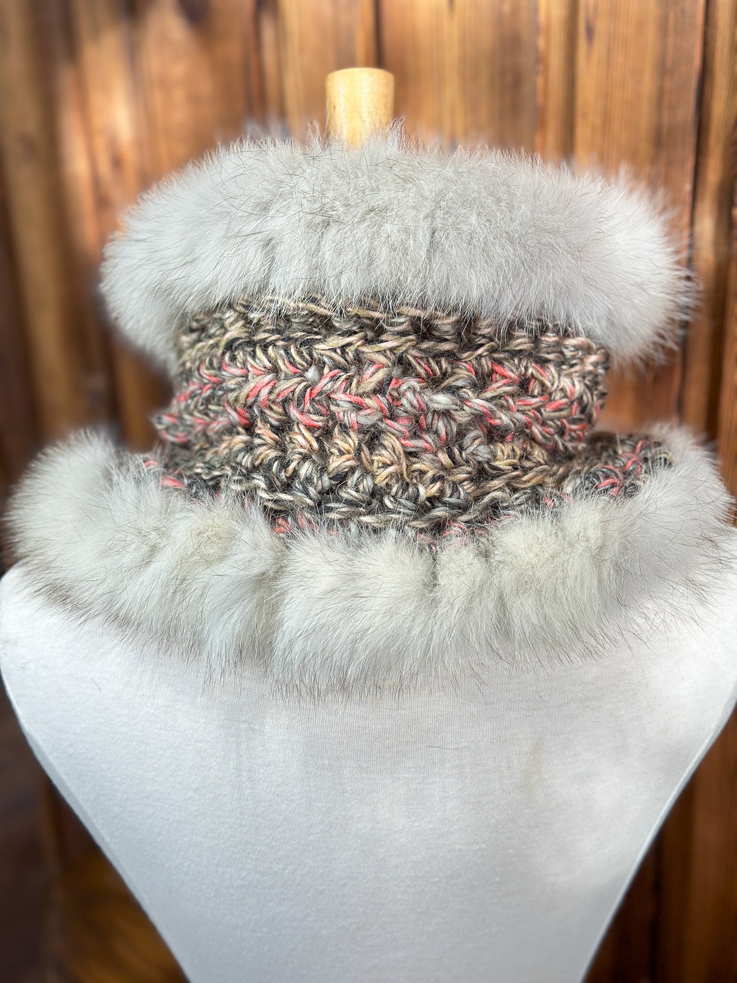 Foulard Rose et Gris avec fourrure recyclée - Renard