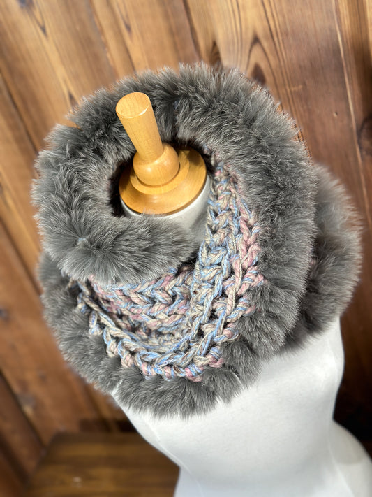 Foulard Taupe et Rose avec fourrure recyclée - Renard