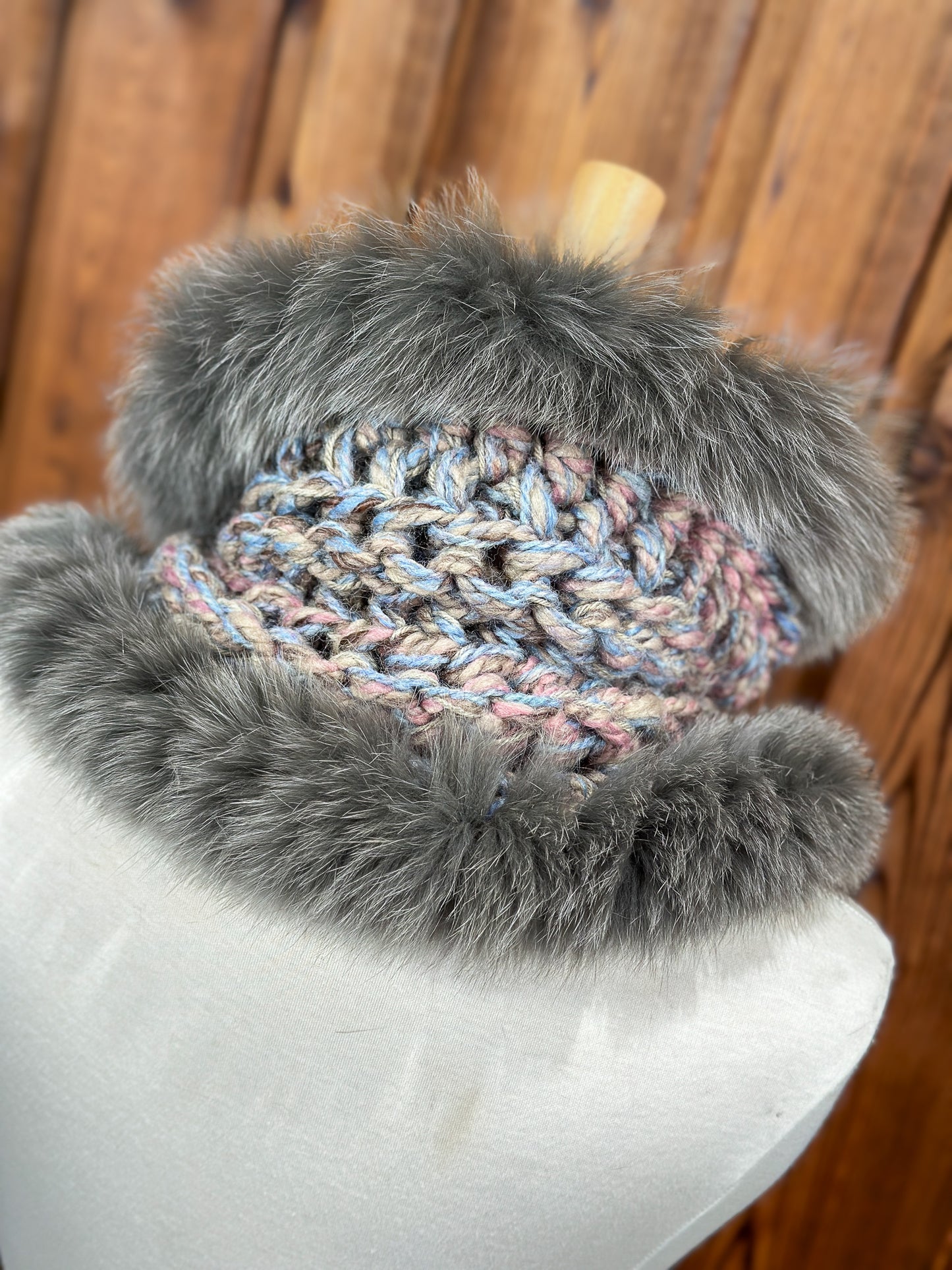 Foulard Taupe et Rose avec fourrure recyclée - Renard