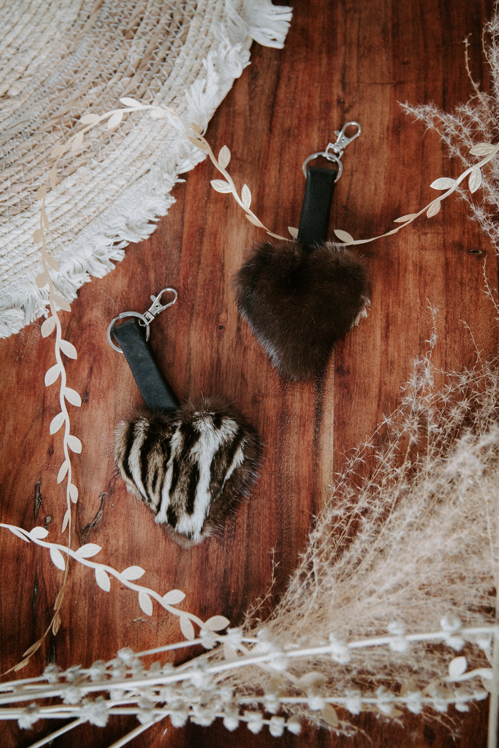 Key ring in recycled fur "little heart" Reversible