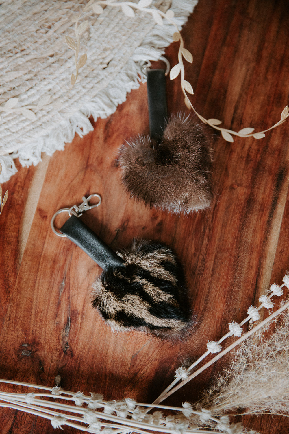 Key ring in recycled fur "little heart" Reversible