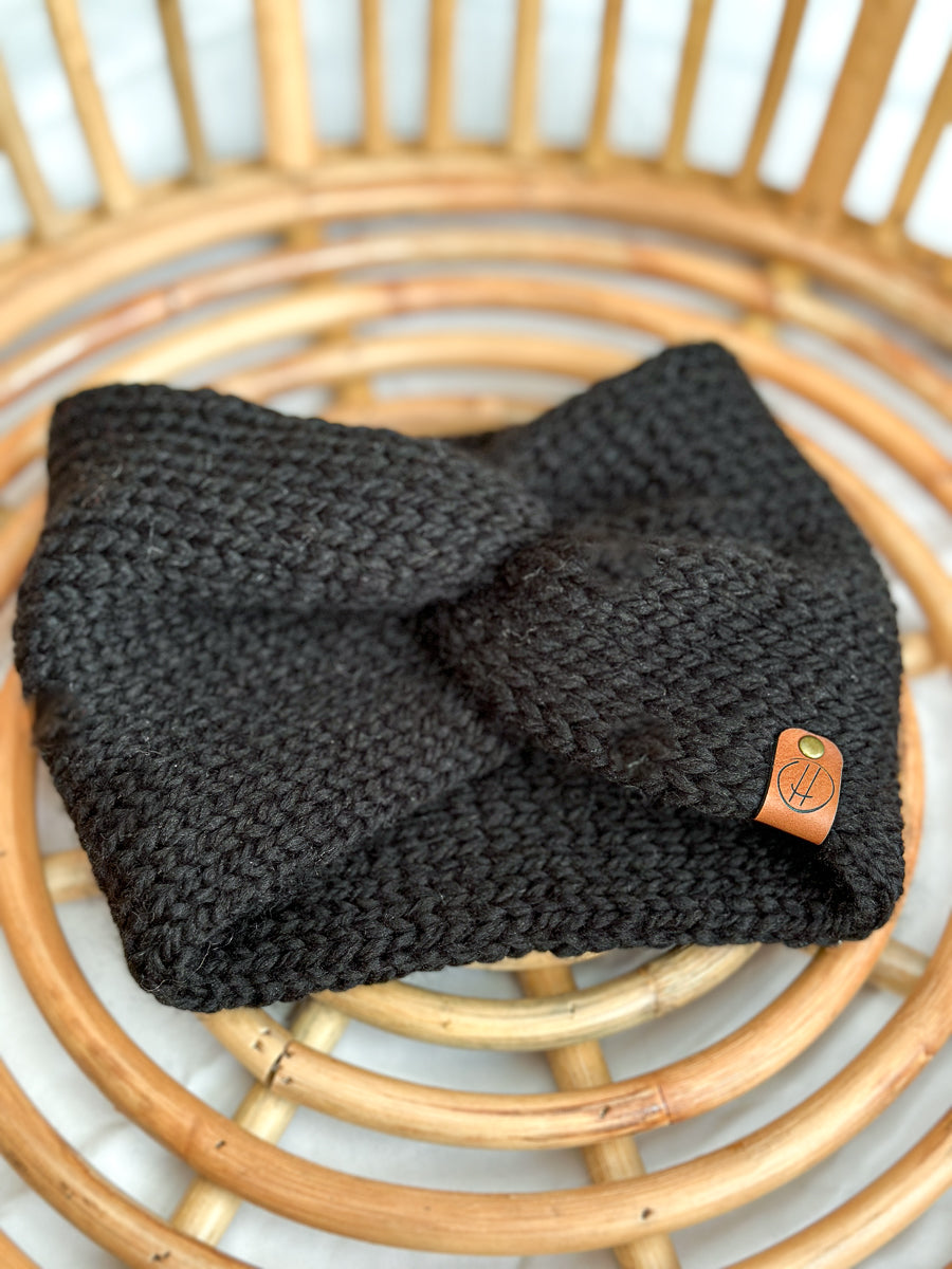women's black headband knitted in soft wool - handmade - one size fits all