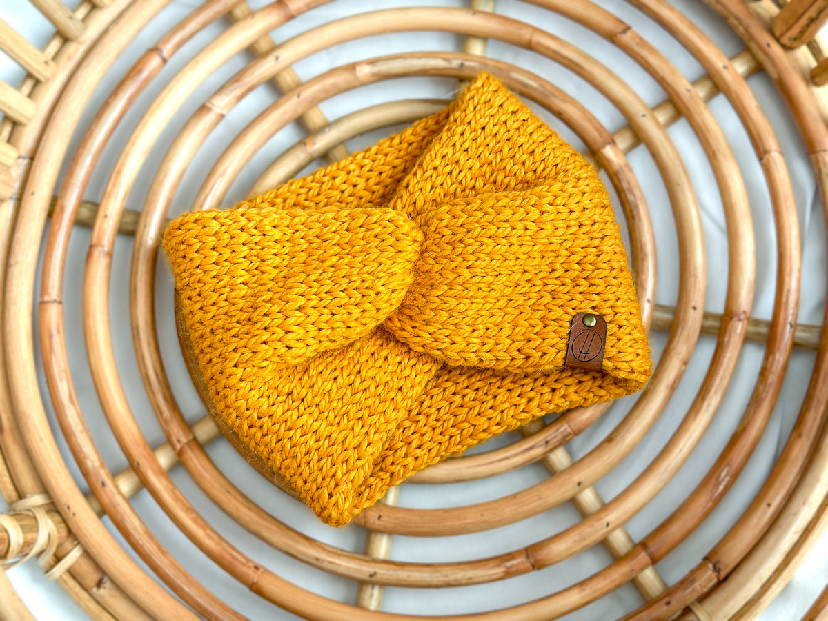 bandeau torsade jaune-orange torsadé en tricot laine pour femme - taille unique - fait à la main