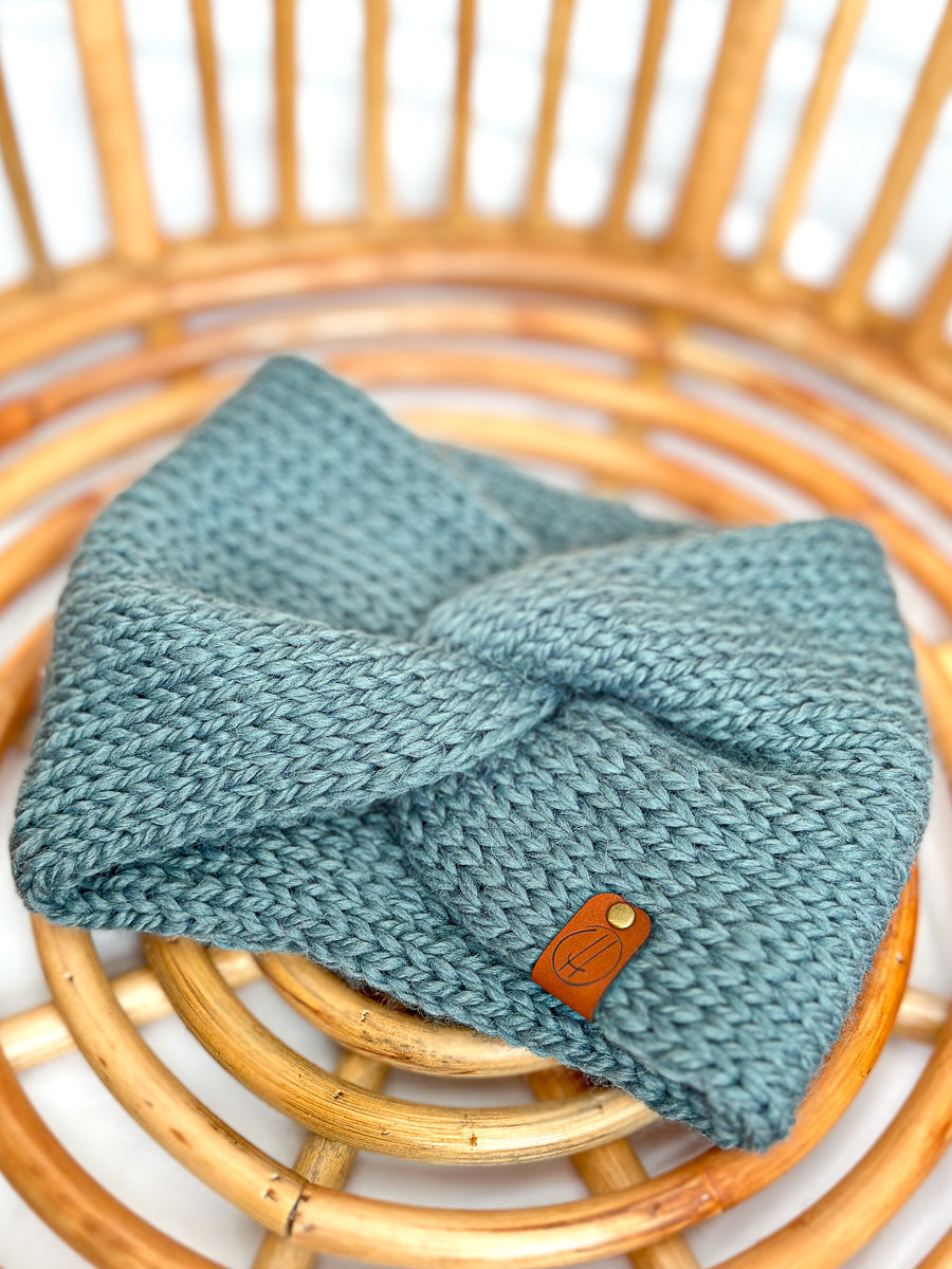 bandeau twist turquoise torsadé en tricot laine pour femme - taille unique - fait à la main