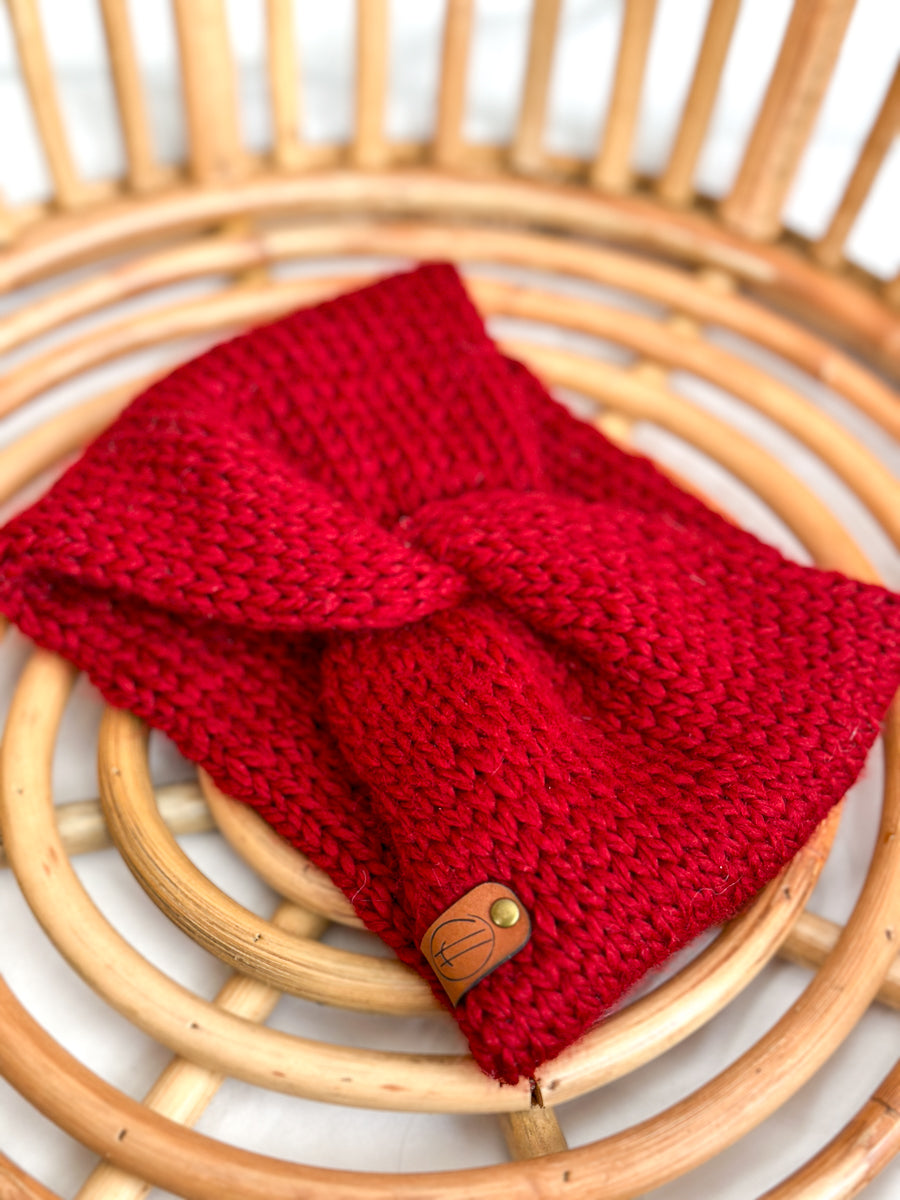 bandeau rouge tricot torsadé en laine douce - fait à la main - taille unique - parfaite idée cadeau