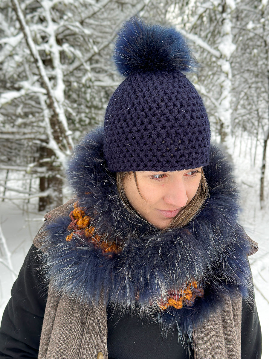 Scarf and tuque with recycled fur pompom