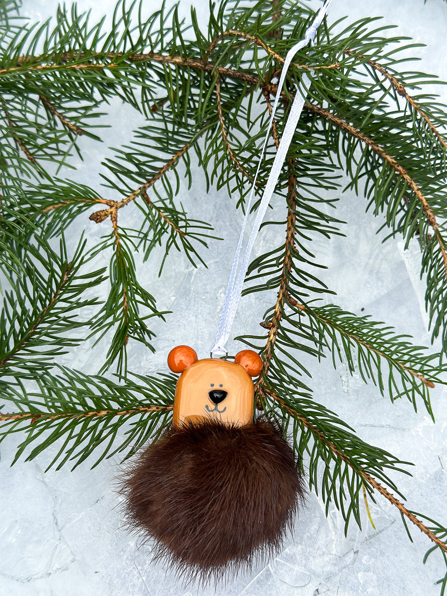 Brown Bear Fused Glass and Pompom Ornament